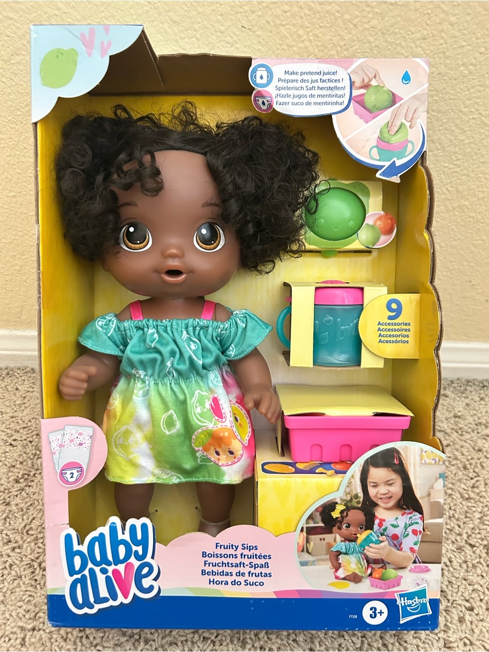 NEW Baby Alive Fruity Sips AA 12” baby doll, pretend juicer, black hair, ages 3+